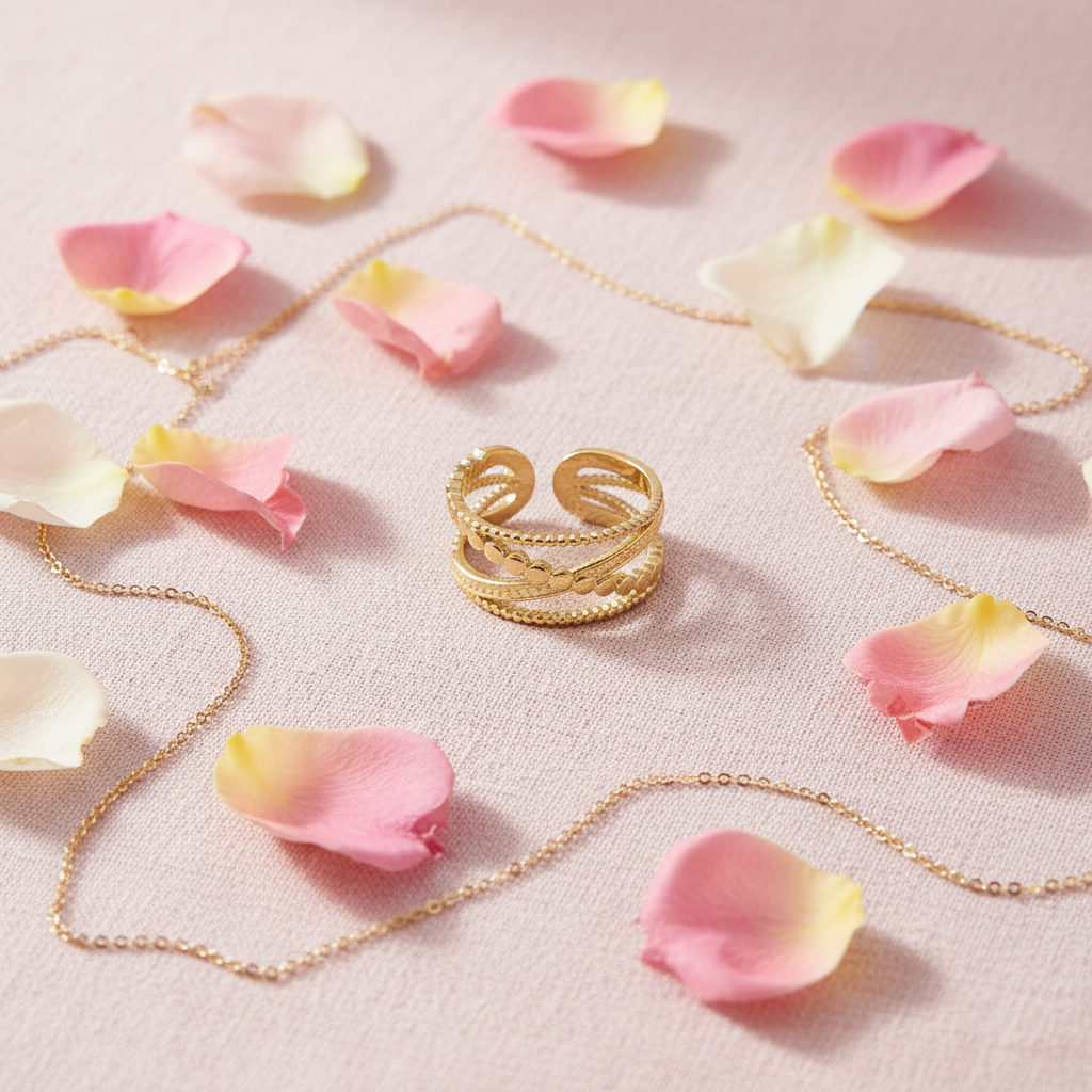 Gold double layer beaded heart open cuff ring on blush pink linen with rose petals