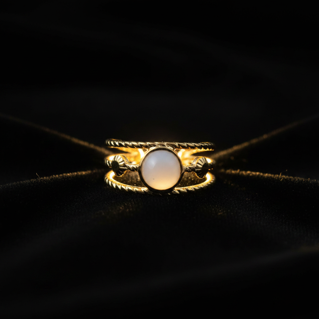 Gold triple twisted rope band white oval stone open cuff ring on black velvet with dramatic rim lighting