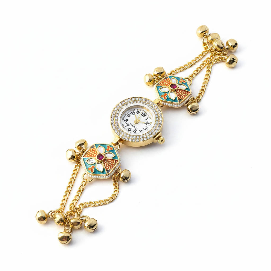 Hexagonal Meenakari Bracelet Watch - White Background Studio Shot