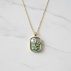 Gold 3D White Tulip Sage Green Pendant Necklace - white marble macro product shot