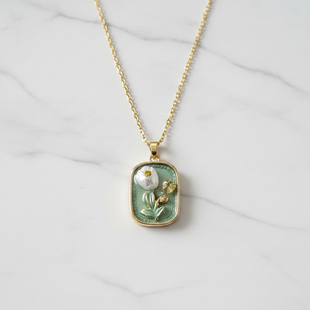 Gold 3D White Tulip Sage Green Pendant Necklace - white marble macro product shot