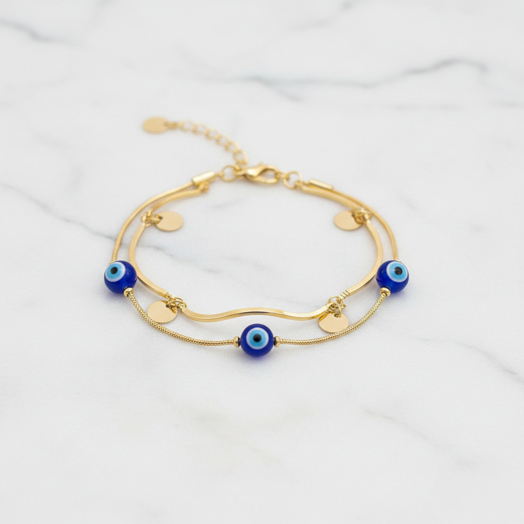 Gold Double Layer Evil Eye & Coin Charm Bracelet - white marble product shot
