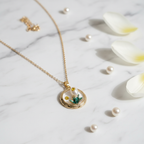 Gold Round White Tulip & Crystal Pendant Necklace - Teal Enamel Leaves & Yellow Crystals