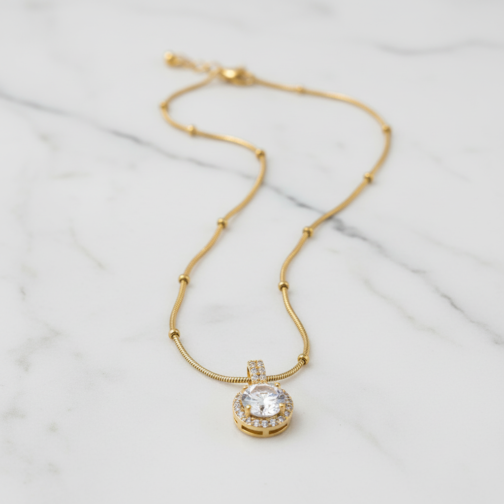 Crystal Halo Pendant Necklace | Anti-Tarnish Gold Satellite Chain