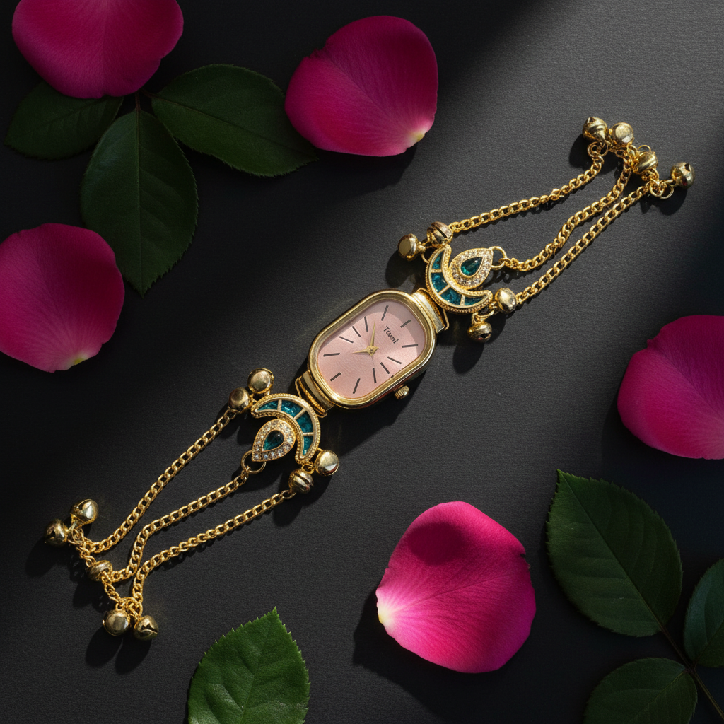 Royal Peacock Charm Bracelet Watch – dark moody flat lay