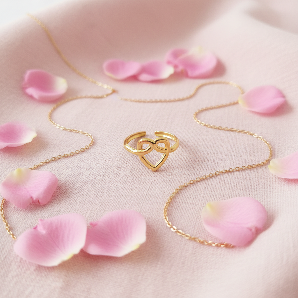 Gold infinity heart open cuff ring on blush pink linen with rose petals and gold chain