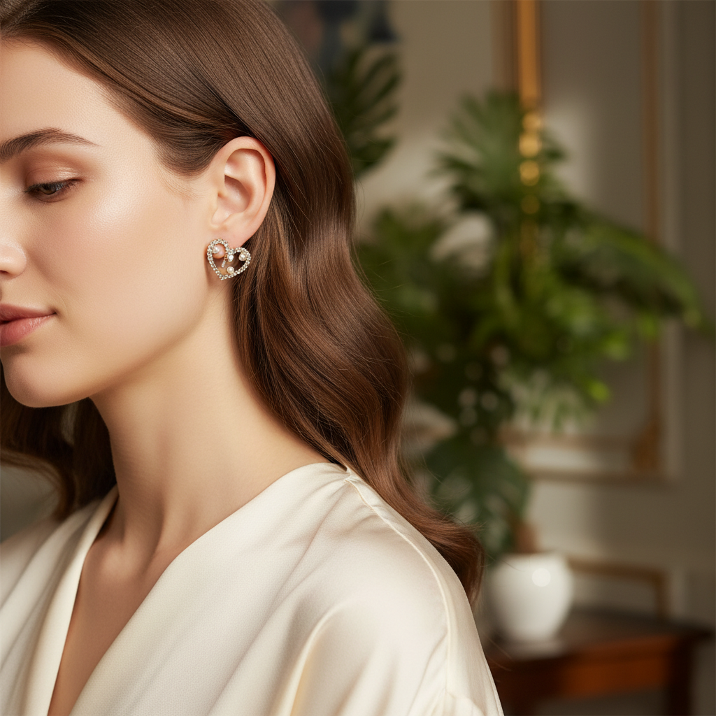Heart Crystal Pearl Stud Earrings