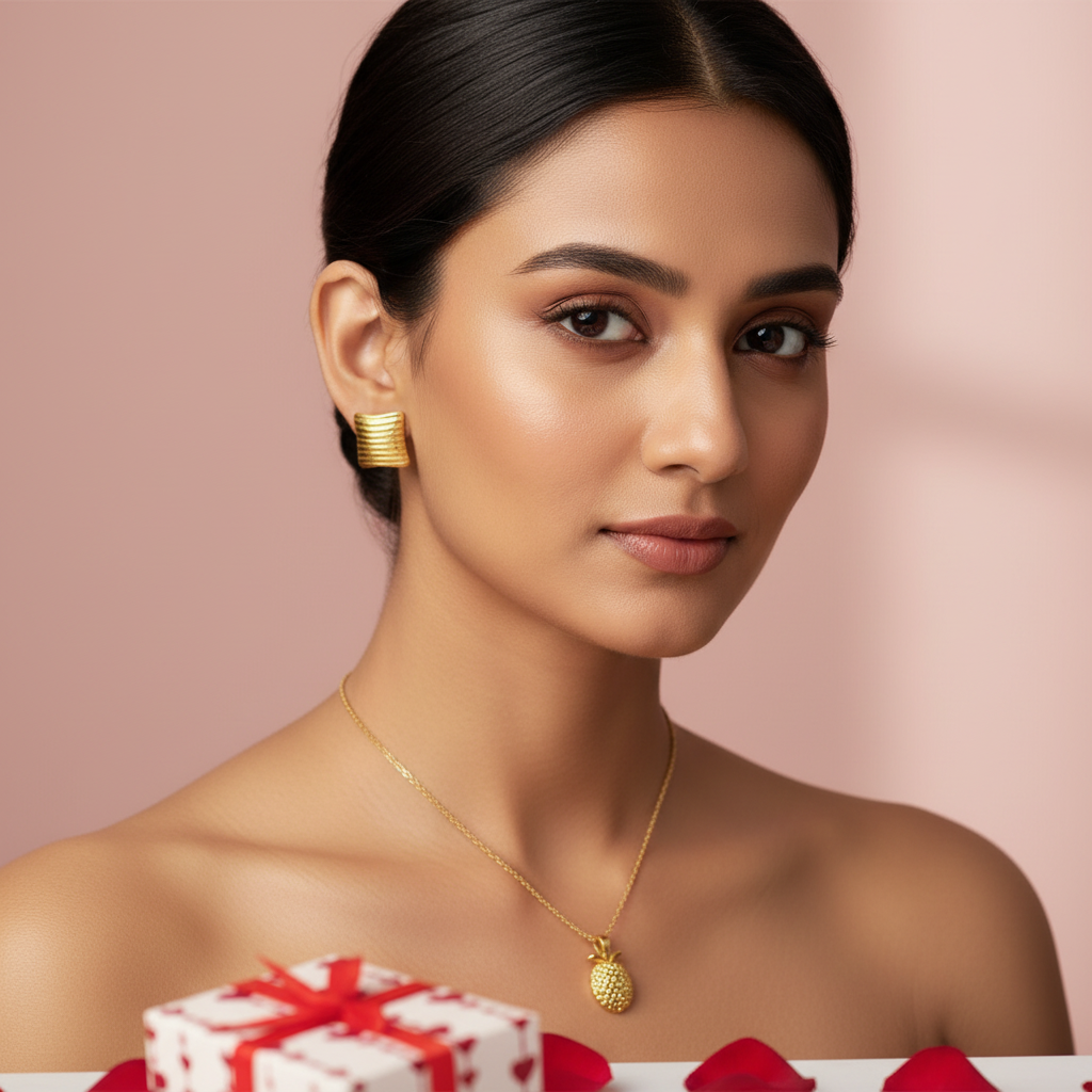 Model wearing gold textured square stud earrings and oval pendant necklace with heart-pattern gift box with red ribbon - premium jewelry gift set by Violet Vows