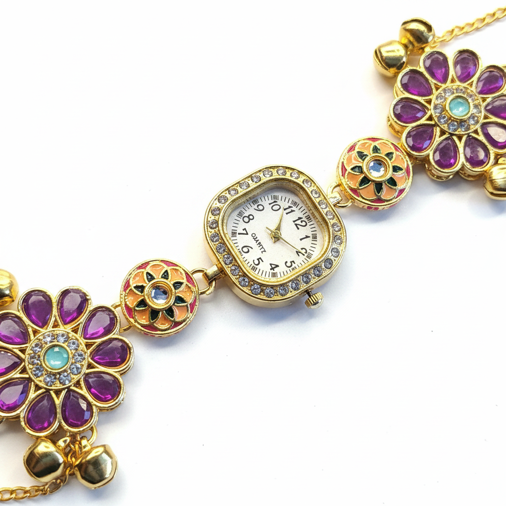 Purple Floral Charm Bracelet Watch – close-up detail shot