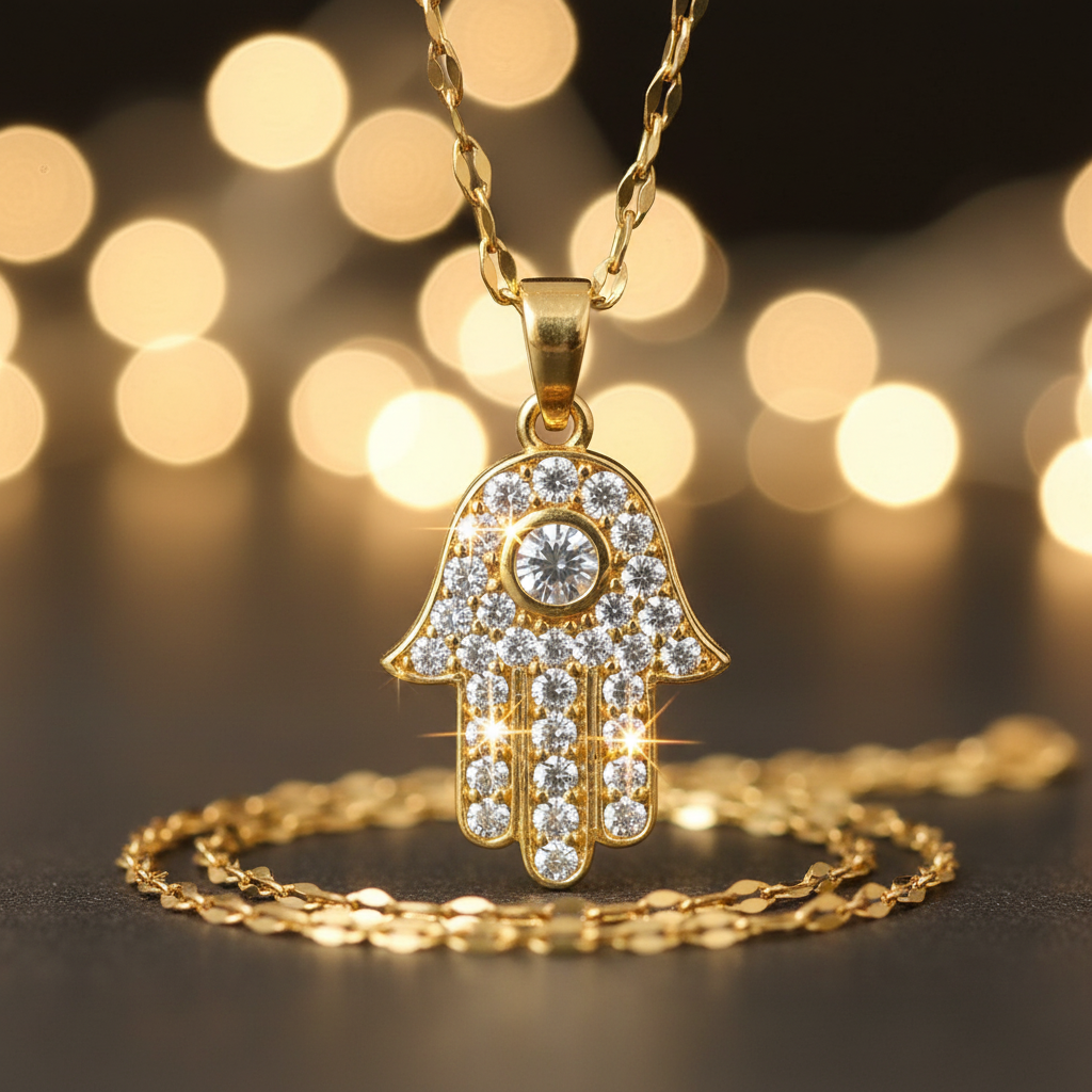 Hamsa Hand CZ Pendant Necklace | Anti-Tarnish Gold Oval Link Chain