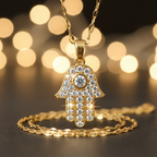 Hamsa Hand CZ Pendant Necklace | Anti-Tarnish Gold Oval Link Chain