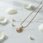 Gold Crystal Sunburst Pendant Necklace - Stainless Steel Gold Snake Chain