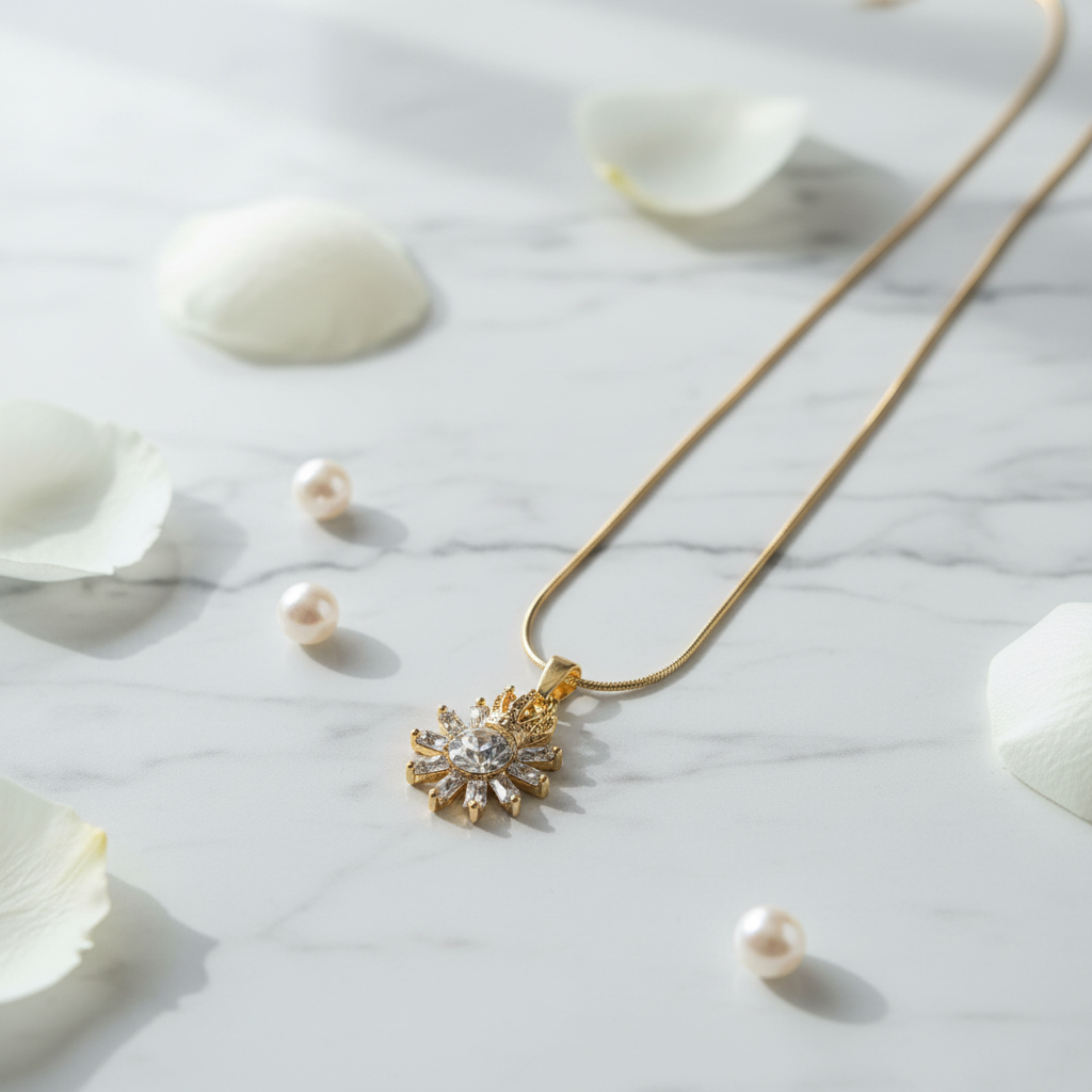 Gold Crystal Sunburst Pendant Necklace - Stainless Steel Gold Snake Chain