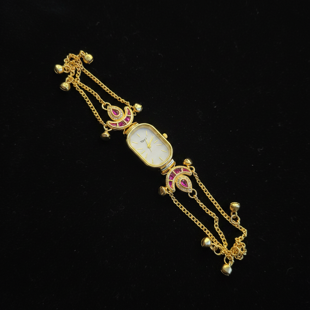 Peacock Charm Bracelet Watch - Dark Velvet Background