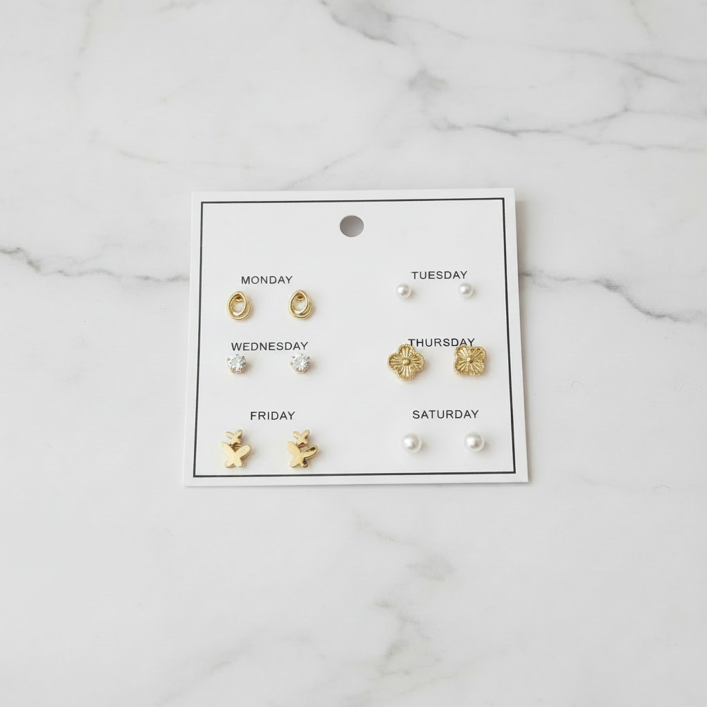 6-Pair Weekly Gold Stud Earrings Set