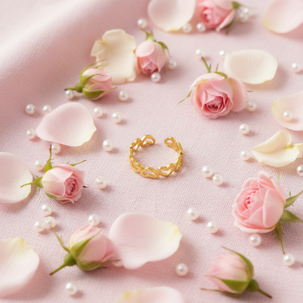 Gold open heart cutout band open cuff ring on blush pink linen with rose petals and pearls