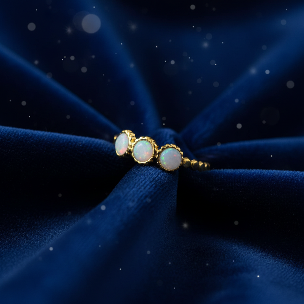 Gold triple moon phase opal ring on midnight blue velvet fabric