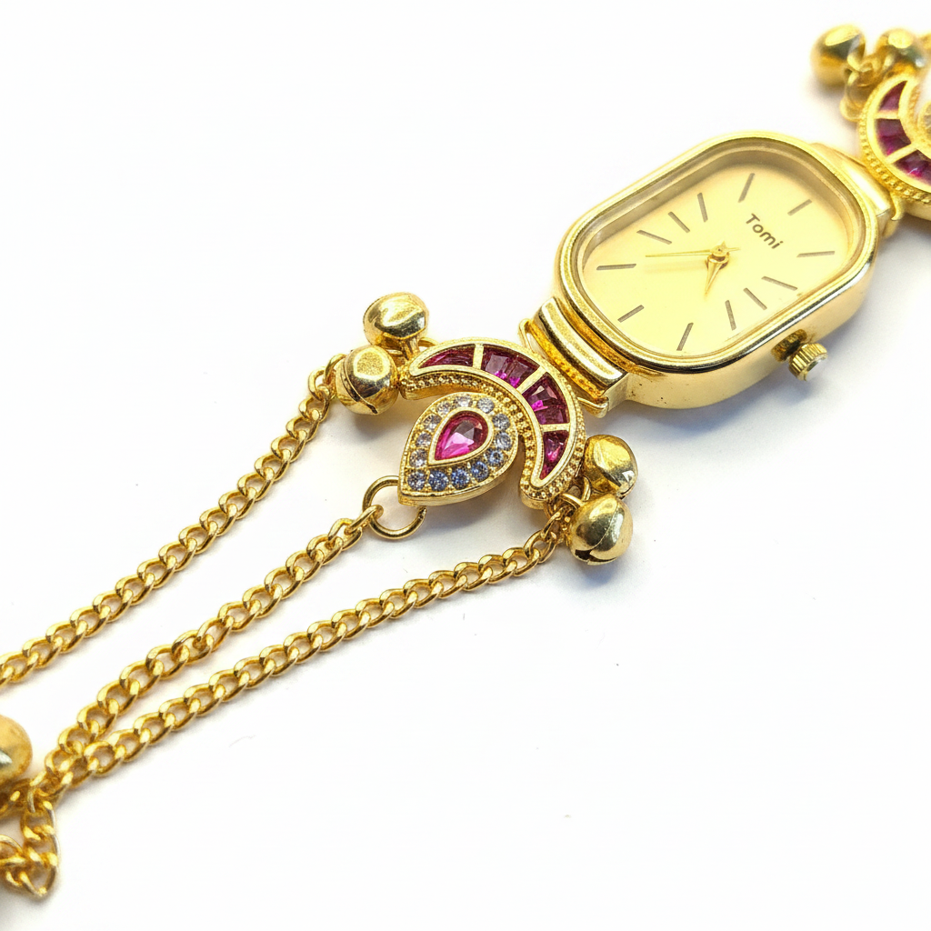 Peacock Charm Bracelet Watch Ruby Edition – close-up detail shot