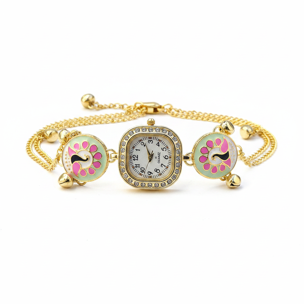 Pink Peacock Bracelet Watch - White Background Studio Shot