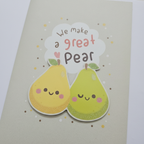 Close-up detail of two pear characters with cute faces and colorful confetti
