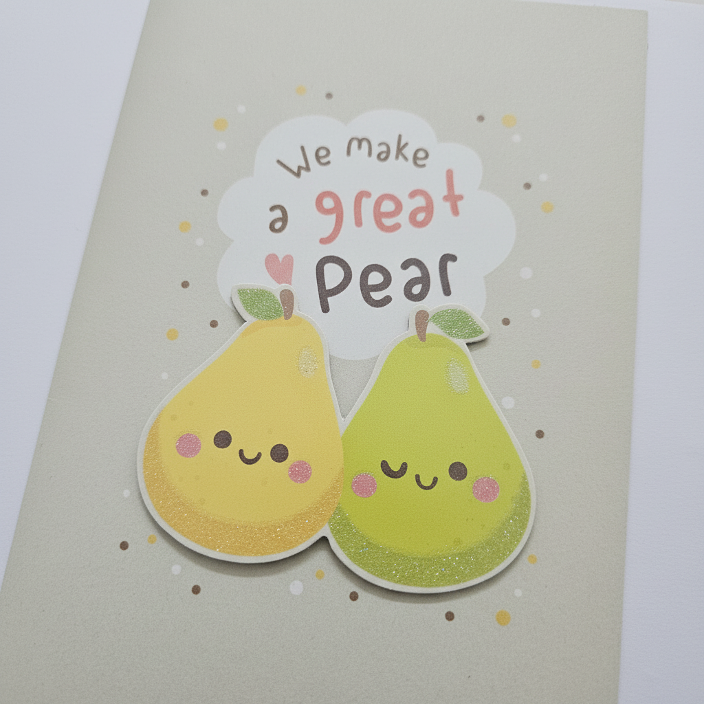 Close-up detail of two pear characters with cute faces and colorful confetti