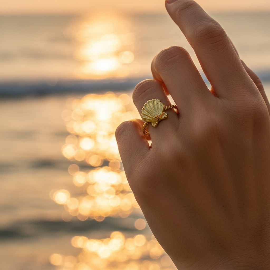 Gold seashell twisted rope open cuff ring worn on finger with ocean-inspired golden bokeh