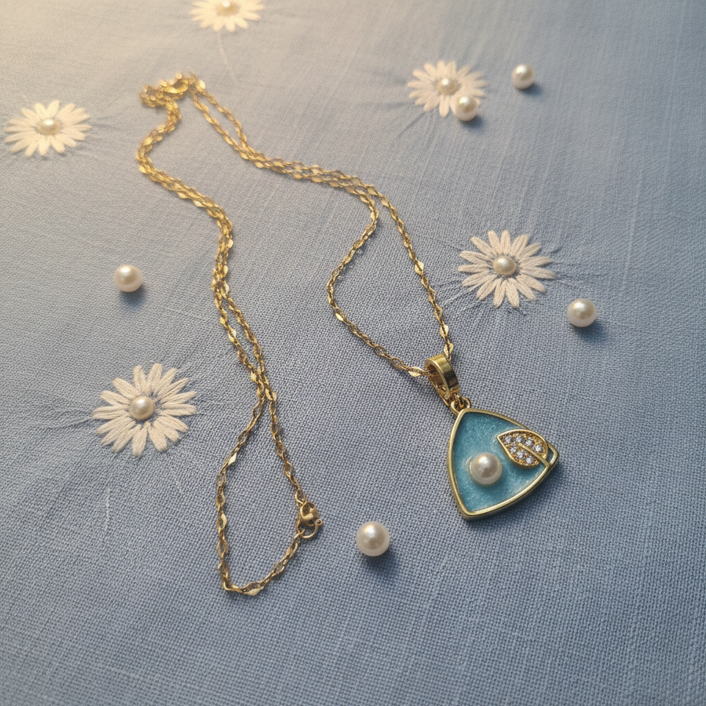 Blue Triangle Pearl & CZ Pendant Necklace | Anti-Tarnish Gold Chain