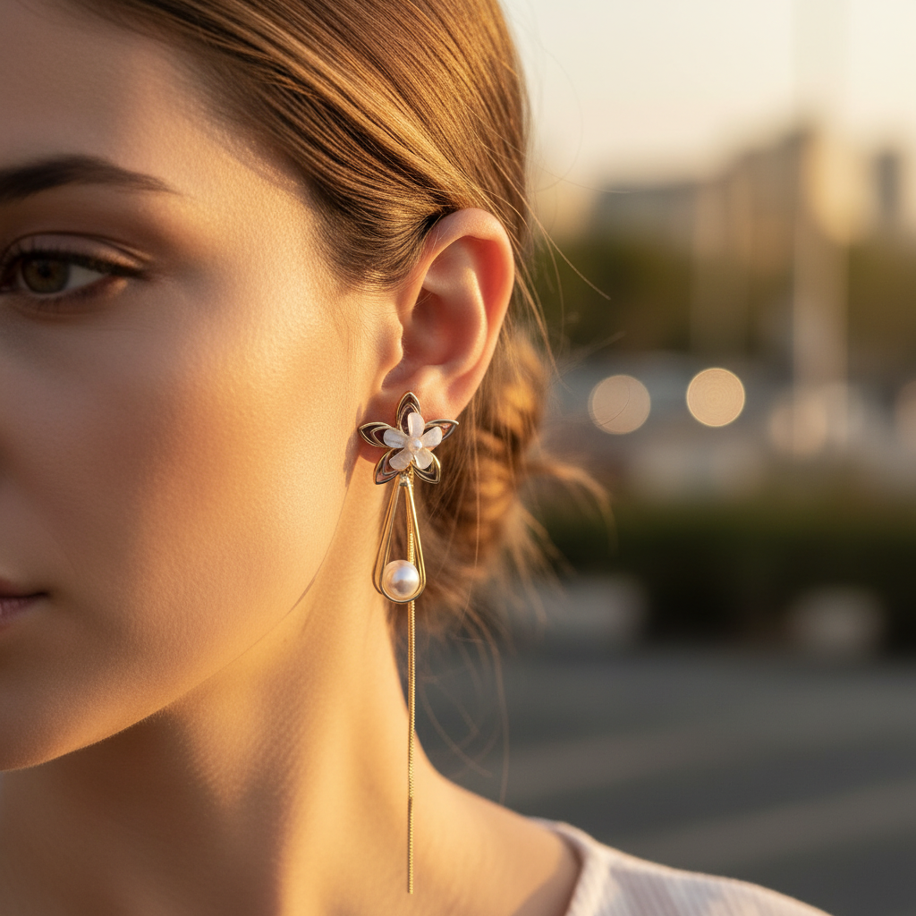 Gold Flower Pearl Drop Earrings - Purple