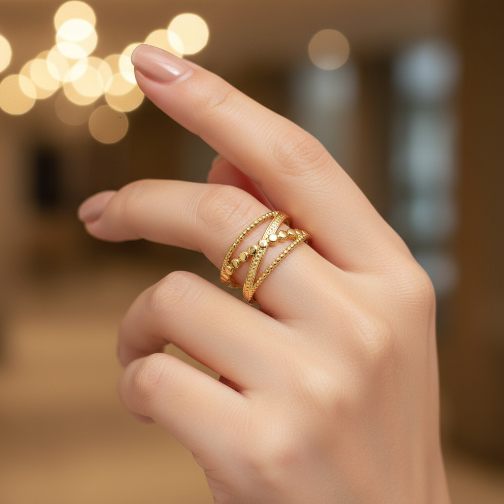 Gold double layer beaded heart open cuff ring worn on finger with warm golden bokeh