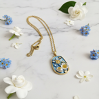 Gold Blue Enamel Floral Pendant Necklace - White Flower & Gold Centre