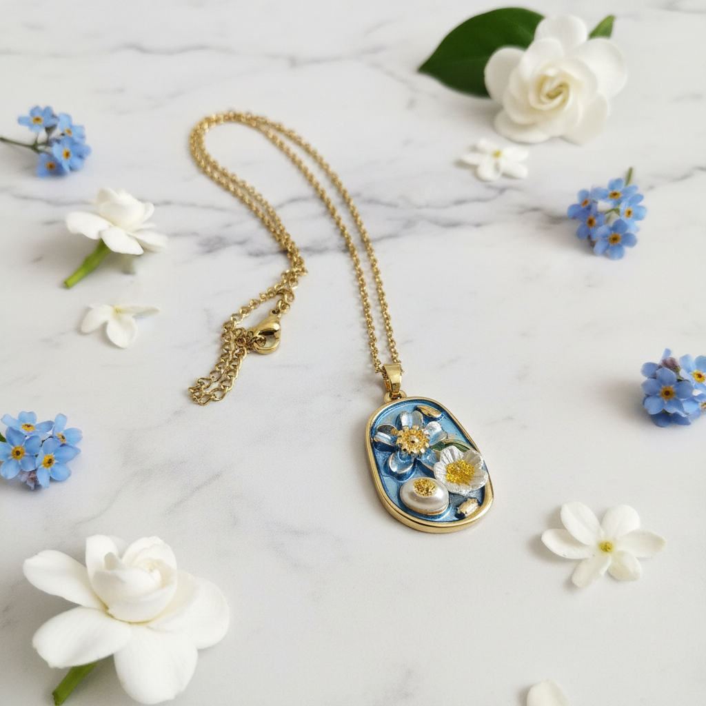 Gold Blue Enamel Floral Pendant Necklace - White Flower & Gold Centre