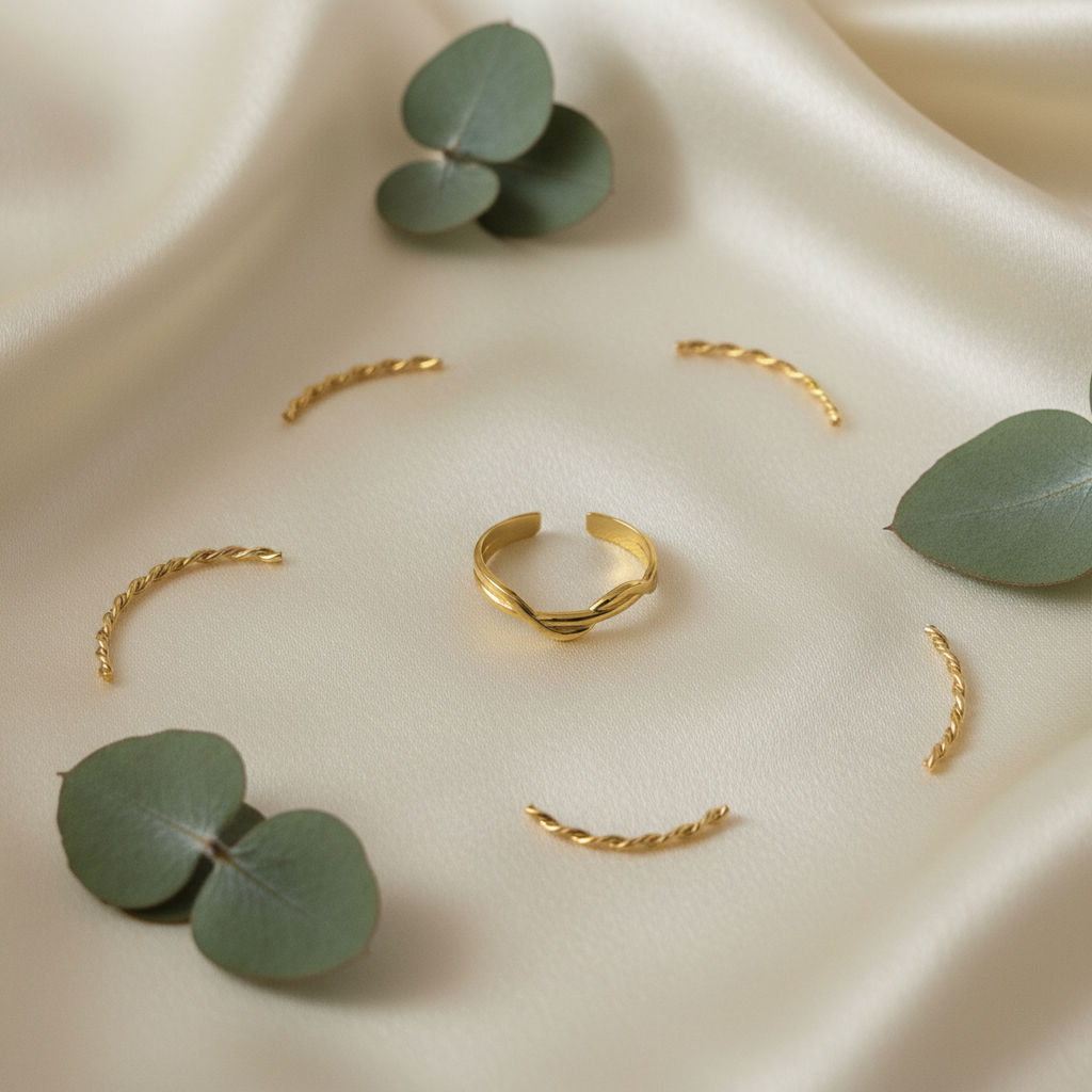 Gold twisted braided band open cuff ring on ivory silk with gold wire pieces and eucalyptus