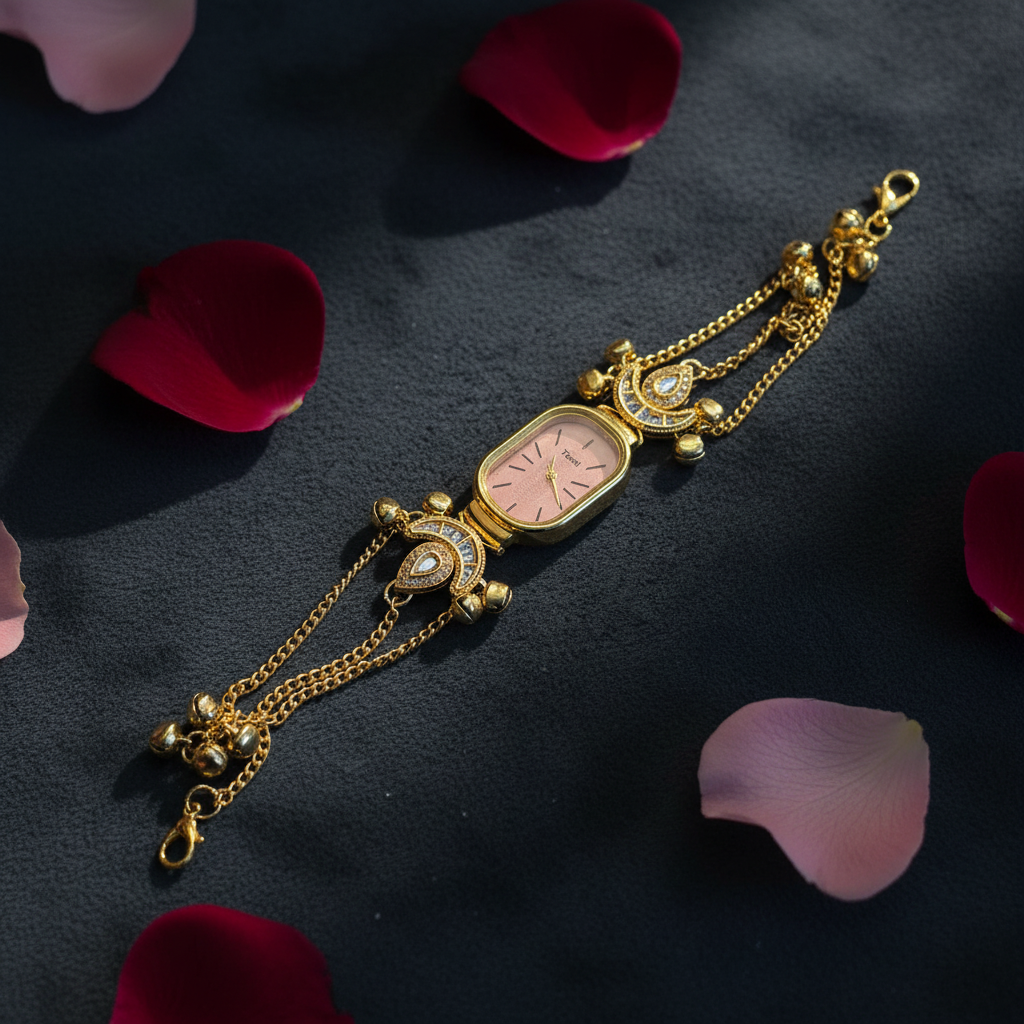 Peacock Charm Bracelet Watch Blue Edition – dark moody flat lay