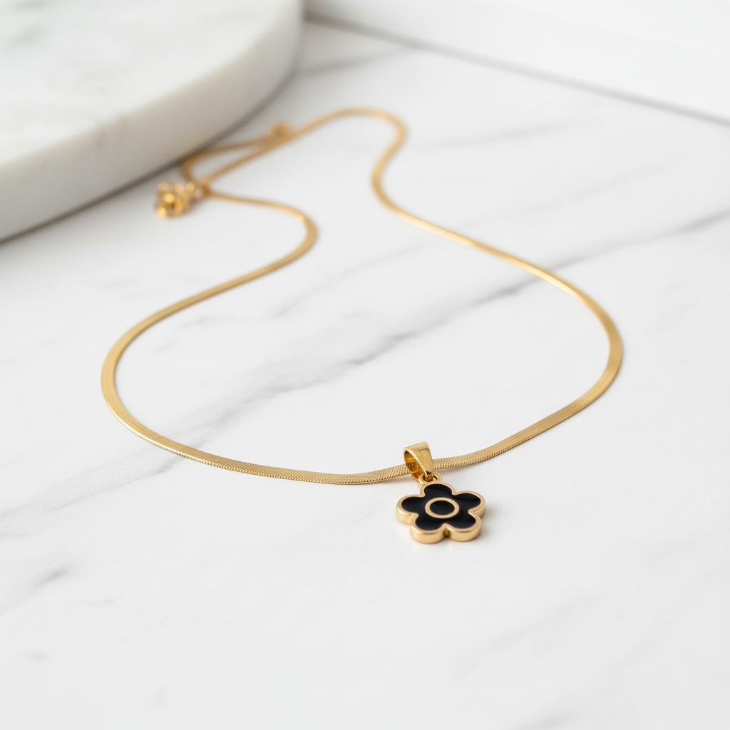 Black Enamel Daisy Flower Pendant Necklace | Anti-Tarnish Gold Snake Chain