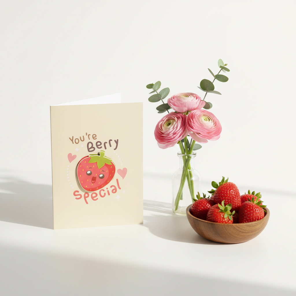 3D Greeting Card lifestyle photo with fresh strawberries and flowers