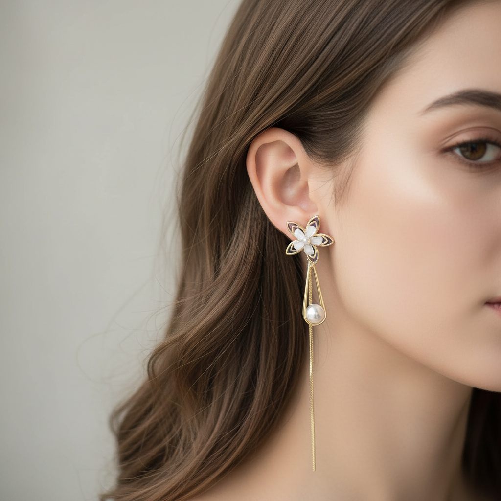 Gold Flower Pearl Drop Earrings - Purple