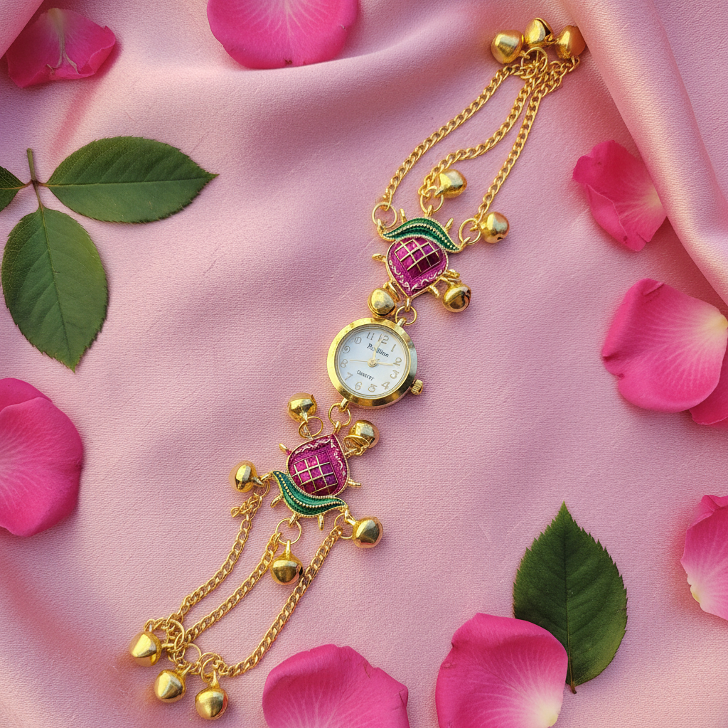 Pink Keri Charm Bracelet Watch - Pink Silk Feminine Flat Lay