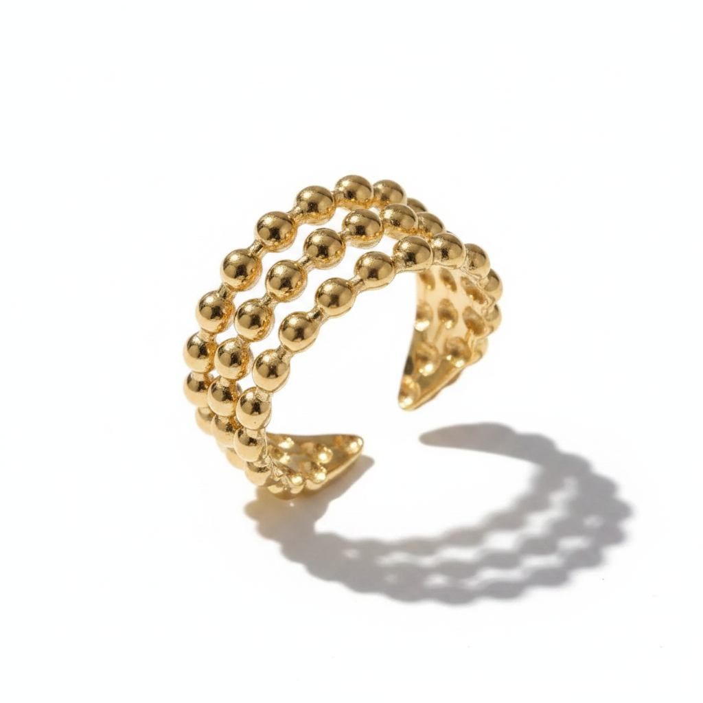Gold Triple Row Beaded Wide Cuff Open Ring - white background soft shadow product shot