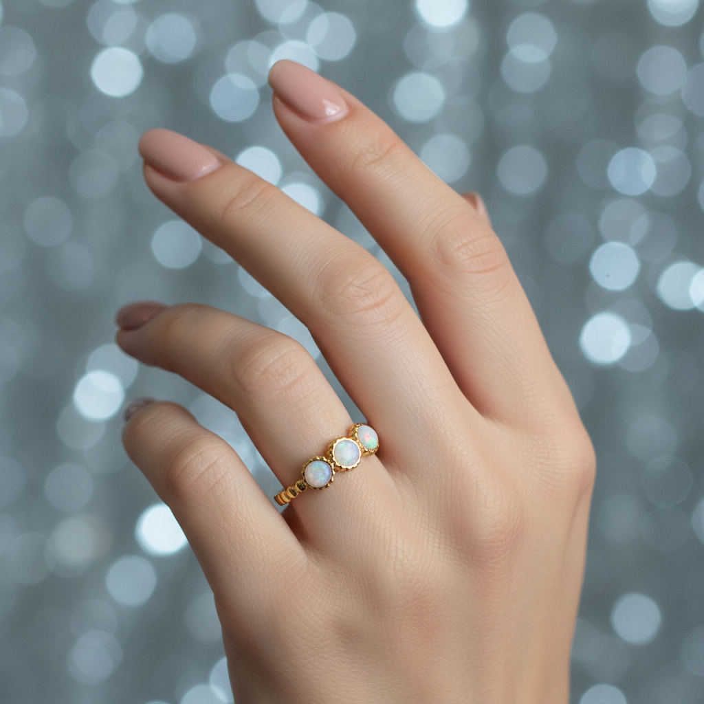 Gold triple moon phase opal ring worn on woman's finger