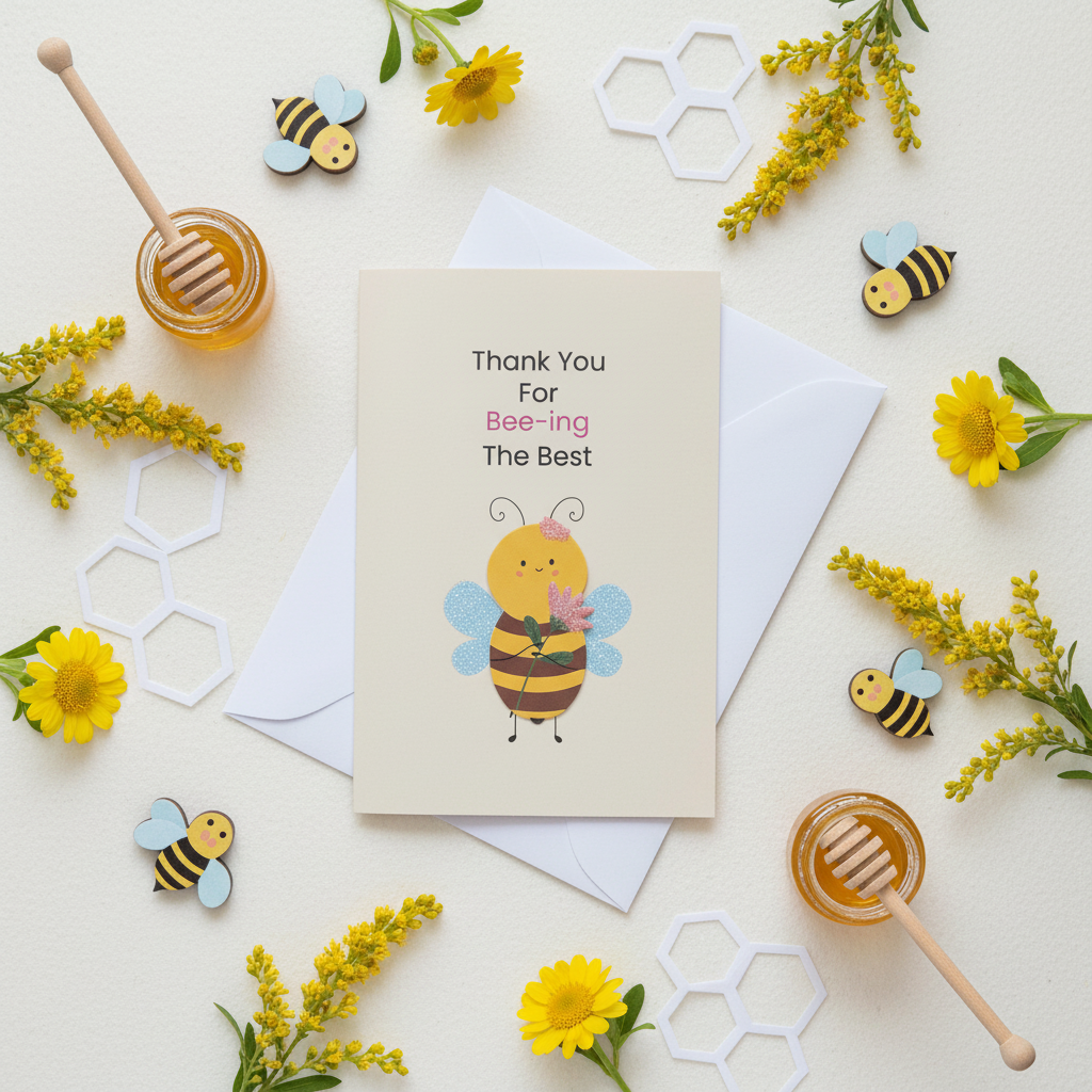 Flat lay composition of bee thank you card with envelope and bee-themed decorative elements