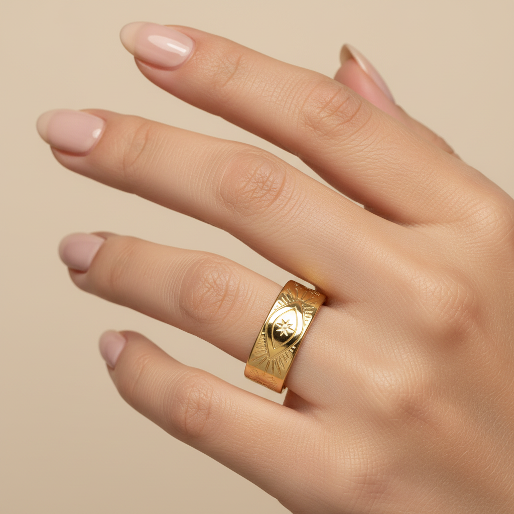 Gold Engraved Evil Eye Sunburst Wide Band Open Ring - worn on finger cream background lifestyle shot