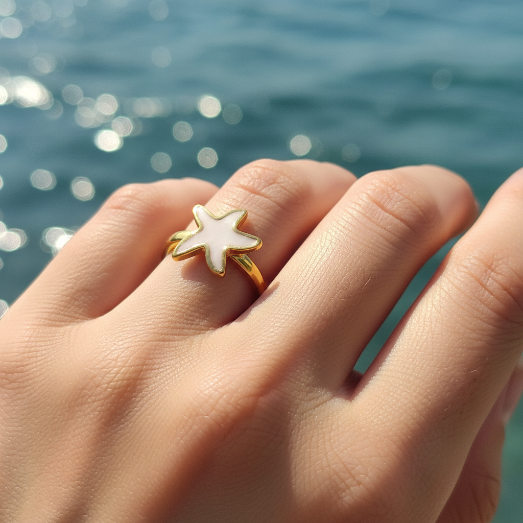 Gold white enamel starfish open cuff ring worn on finger with ocean-inspired bokeh