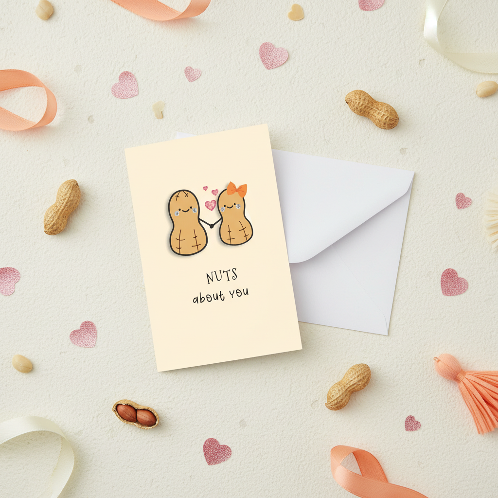 Flat lay composition of peanut greeting card with envelope and sweet decorative elements