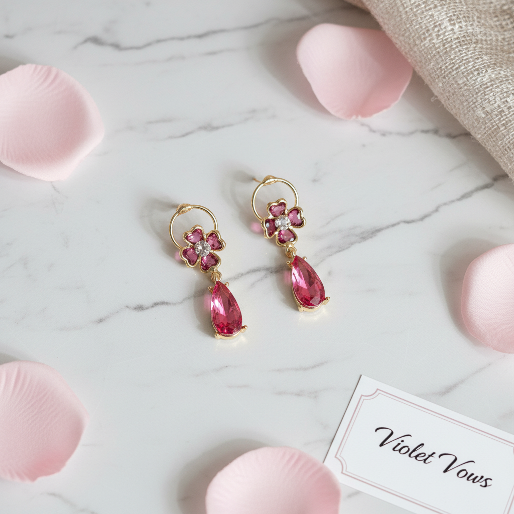 Ruby Pink Zircon Teardrop Drop Earrings | Floral CZ Gold
