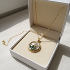 Gold Round White Tulip & Crystal Pendant Necklace - Teal Enamel Leaves & Yellow Crystals