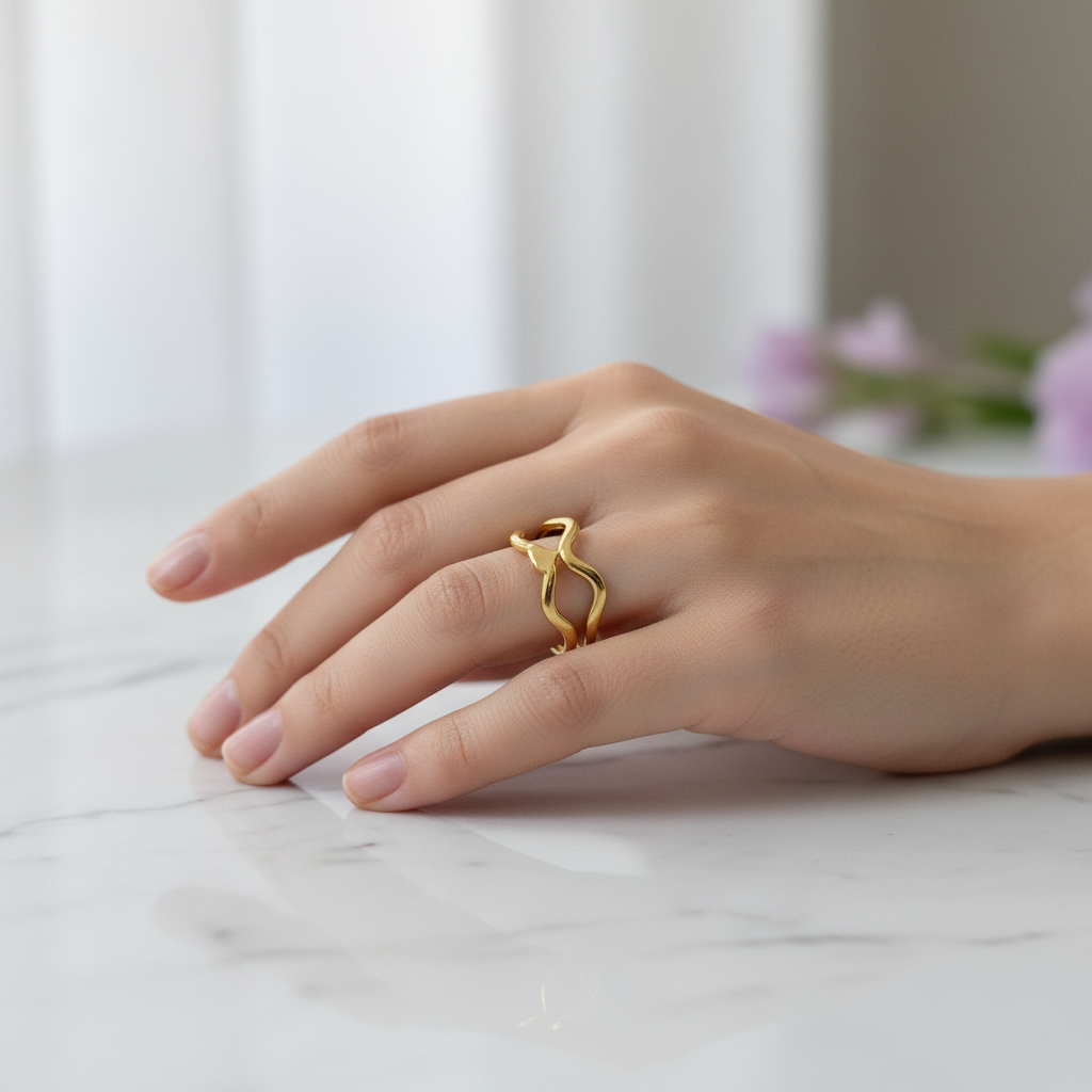 Gold Double-Wave Open Cuff Ring | Anti-Tarnish
