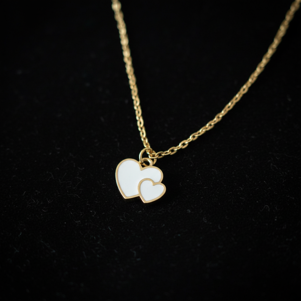 Double White Heart Charm Necklace – Gold Chain
