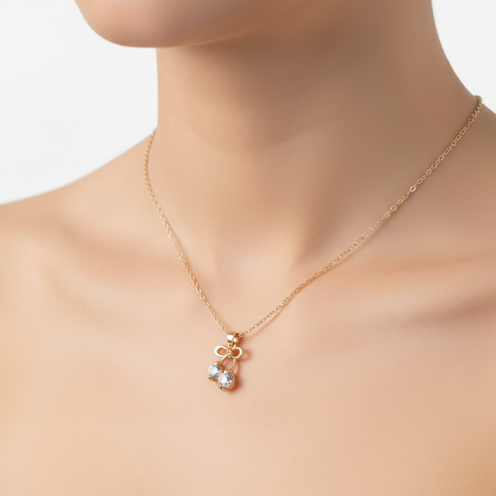 Gold Bow CZ Crystal Drop Necklace
