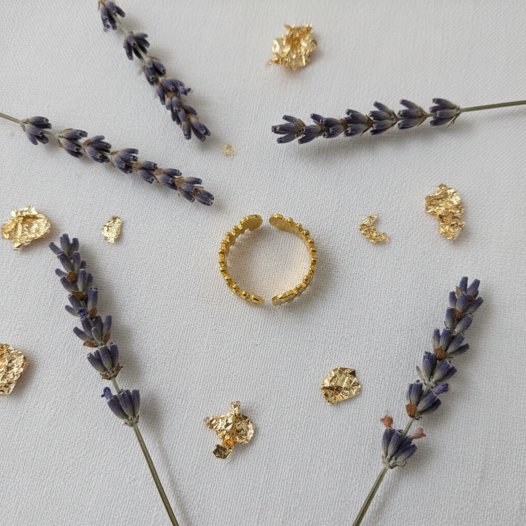 Gold crown battlements ring flat lay with dried lavender and gold foil accents