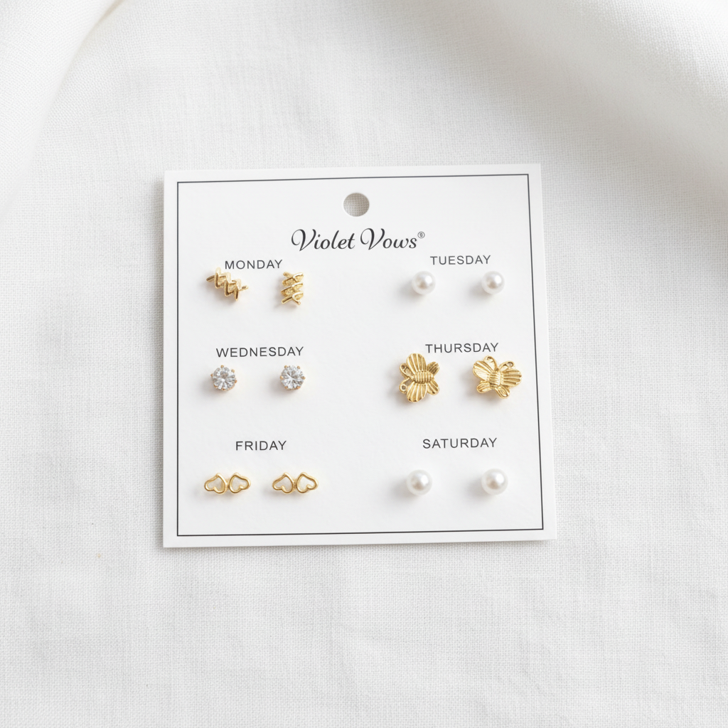 6-Pair Weekday Earring Set | Gold & Pearl Studs